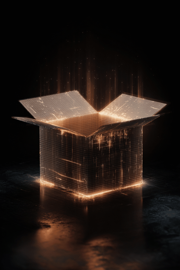 zemat. A cardboard box is open with faint lines and glowing edg fd34e10a 8765 483f b88d baea2ab707fa